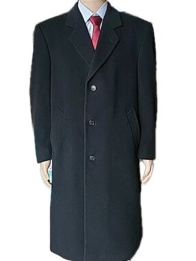 Vtg Silver Cloud Black Wool Cashmere Overcoat Mens 42R Long Italy Fabric Classic